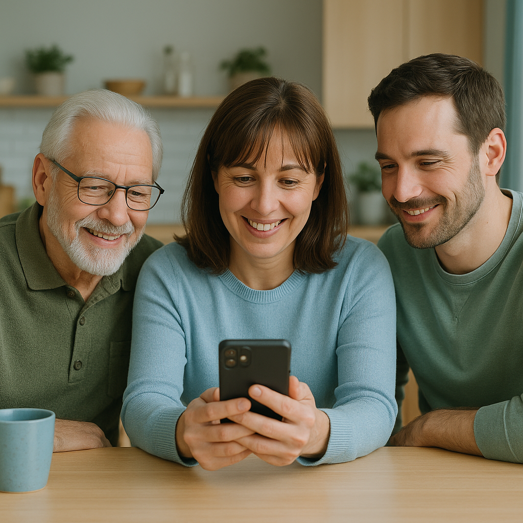 Family carers gathered at a kitchen table using the Carer’s Notebook app to share caregiving tasks and stay connected.